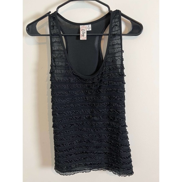 L8teR Pretty Black Lacy Mesh Ruffle Tank Top Small - Picture 1 of 6